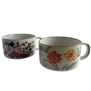 Set of 2 Vintage Floral Speckled Stoneware Soup Mugs Made in Korea Boho